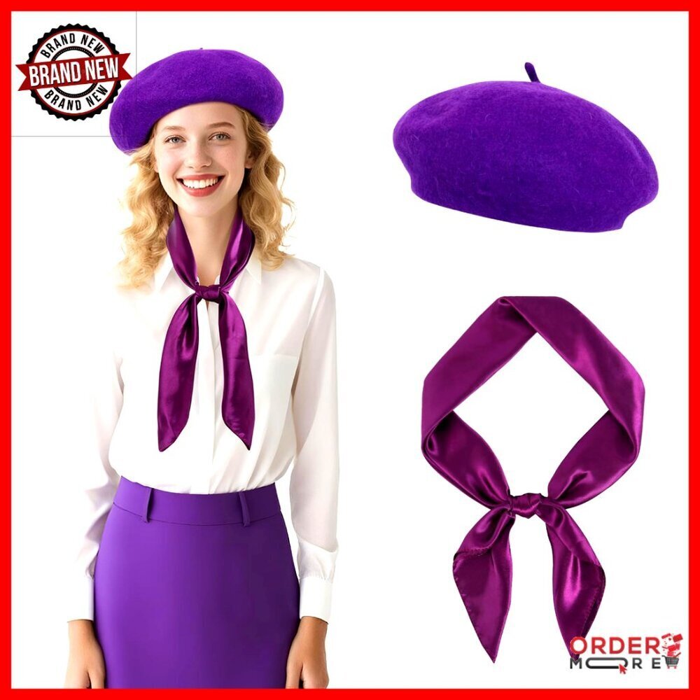 Wool Blend Beret Hat with Silk Scarf Set, One Size Fits Most Women